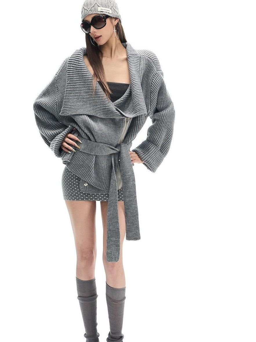 Fanptntox Gray Thermal Tie Waist Cinched Short Knit Women's Wool Blend Cardigans