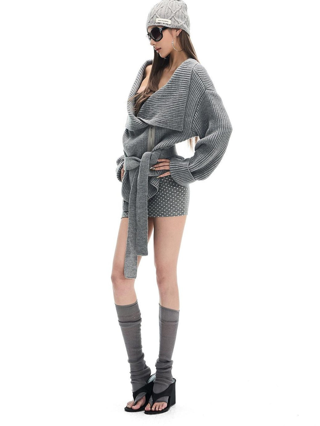 Fanptntox Gray Thermal Tie Waist Cinched Short Knit Women's Wool Blend Cardigans