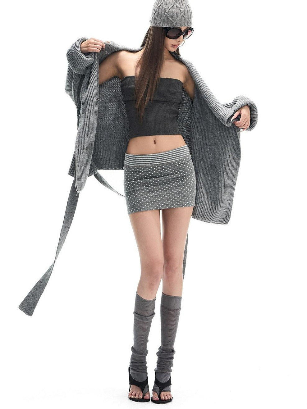 Fanptntox Gray Thermal Tie Waist Cinched Short Knit Women's Wool Blend Cardigans