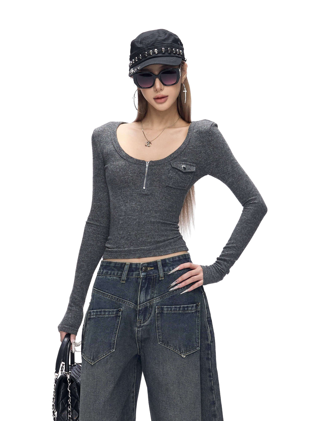 Fanptntox_Gray_V-neck_Knit_Slim_Waist_Women's_Polyester_Long_Sleeve_T-shirts_989024484797_MISSTT