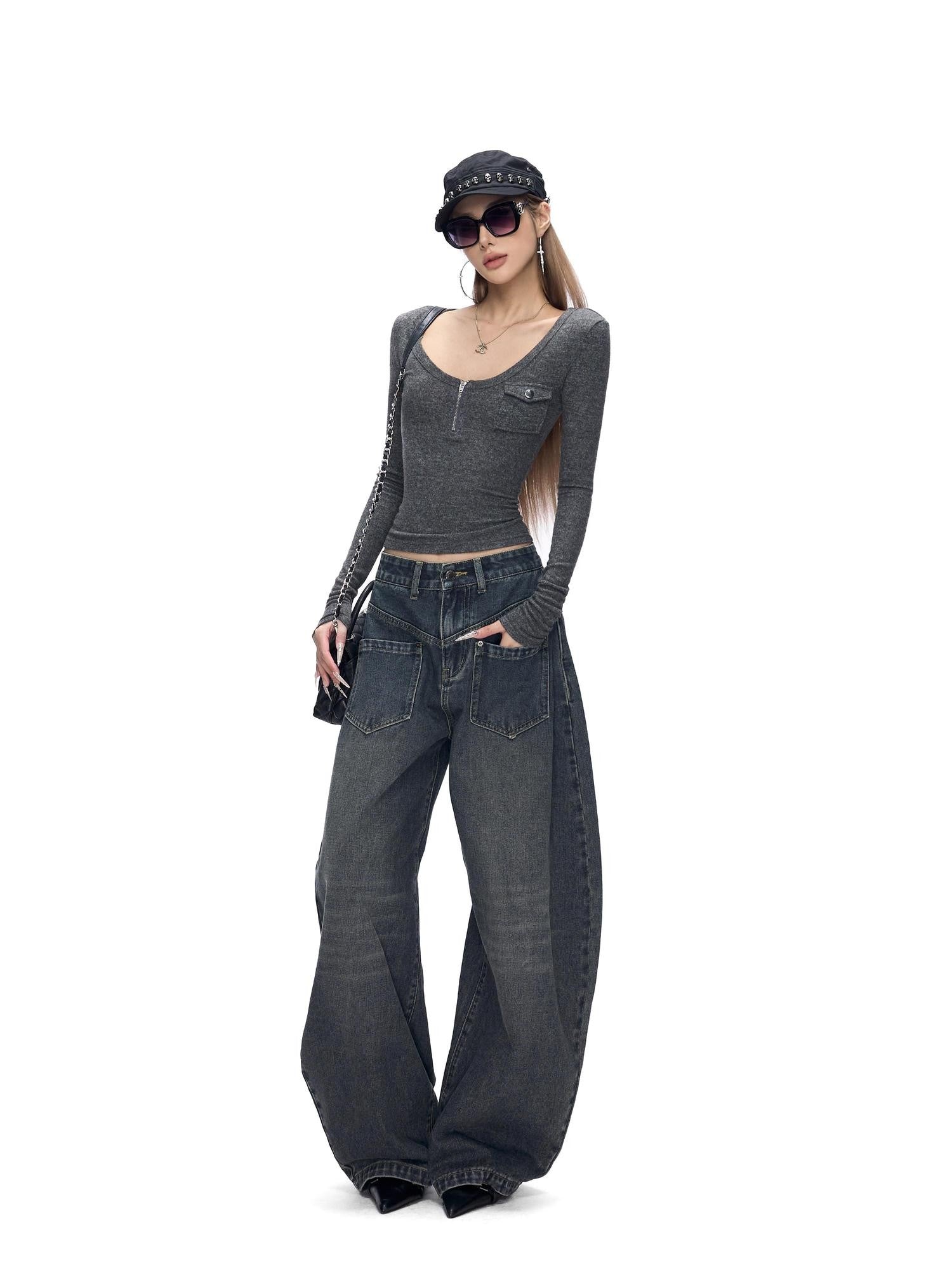 Fanptntox Gray V-neck Knit Slim Waist Women's Polyester Long Sleeve T-shirts
