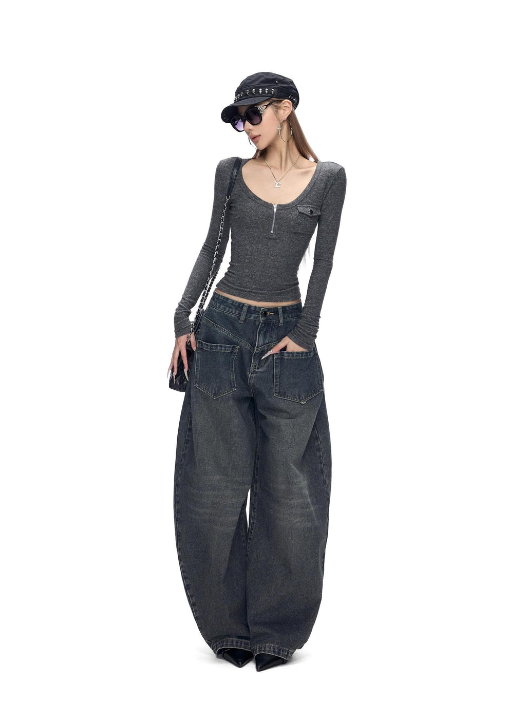 Fanptntox Gray V-neck Knit Slim Waist Women's Polyester Long Sleeve T-shirts