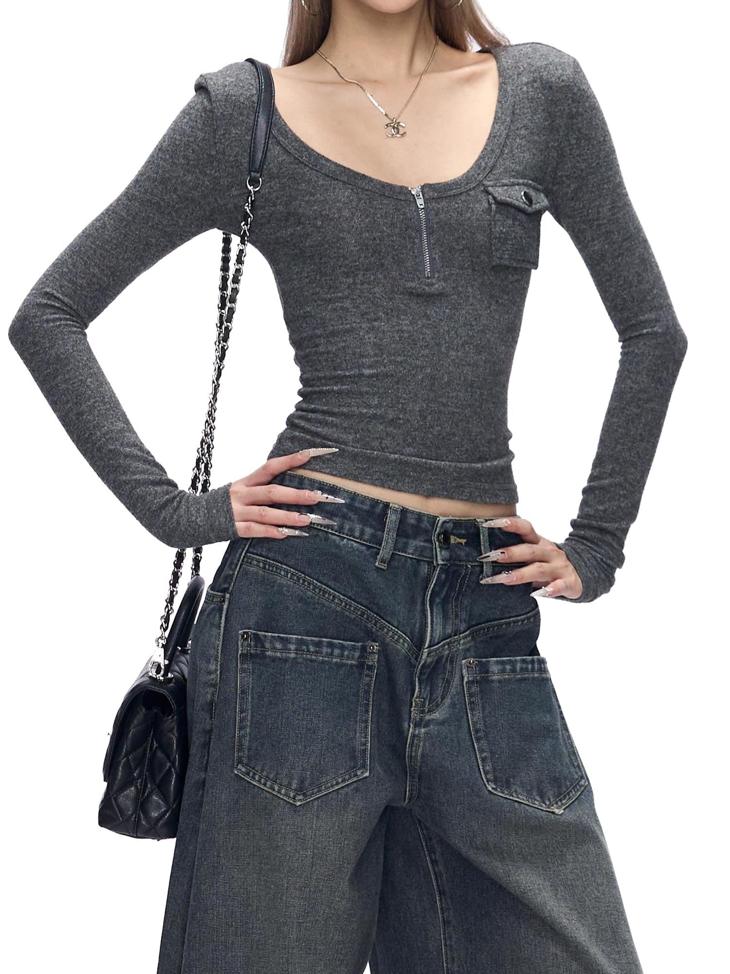 Fanptntox Gray V-neck Knit Slim Waist Women's Polyester Long Sleeve T-shirts