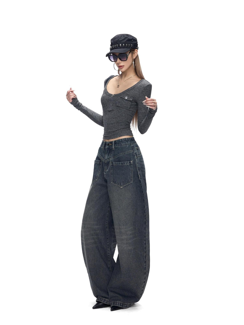 Fanptntox Gray V-neck Knit Slim Waist Women's Polyester Long Sleeve T-shirts