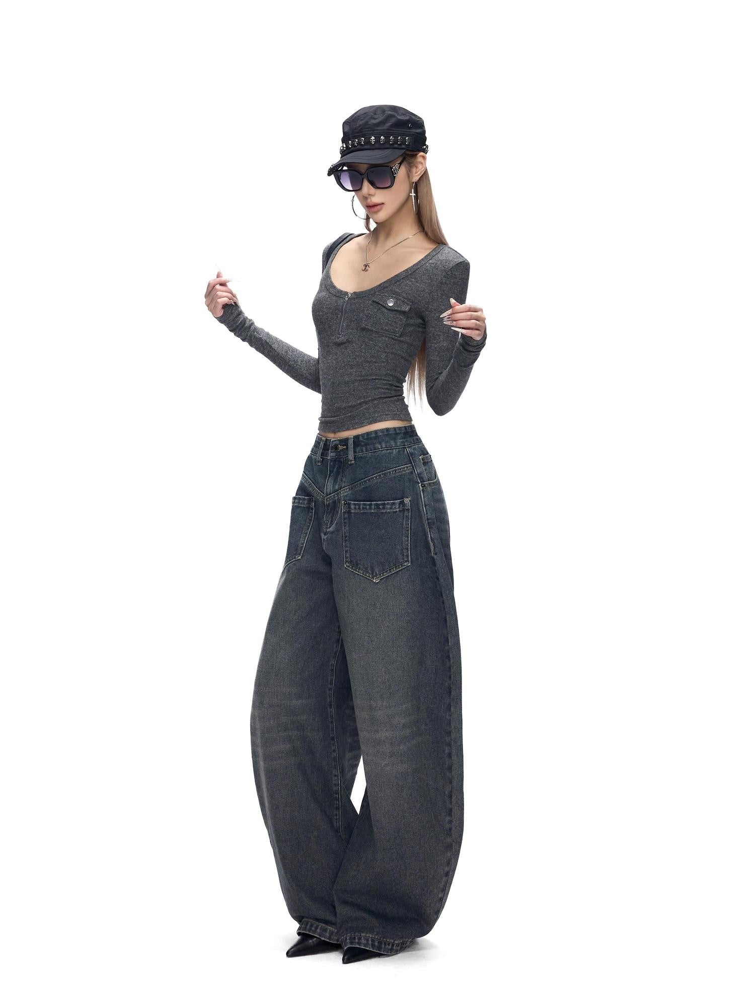Fanptntox Gray V-neck Knit Slim Waist Women's Polyester Long Sleeve T-shirts
