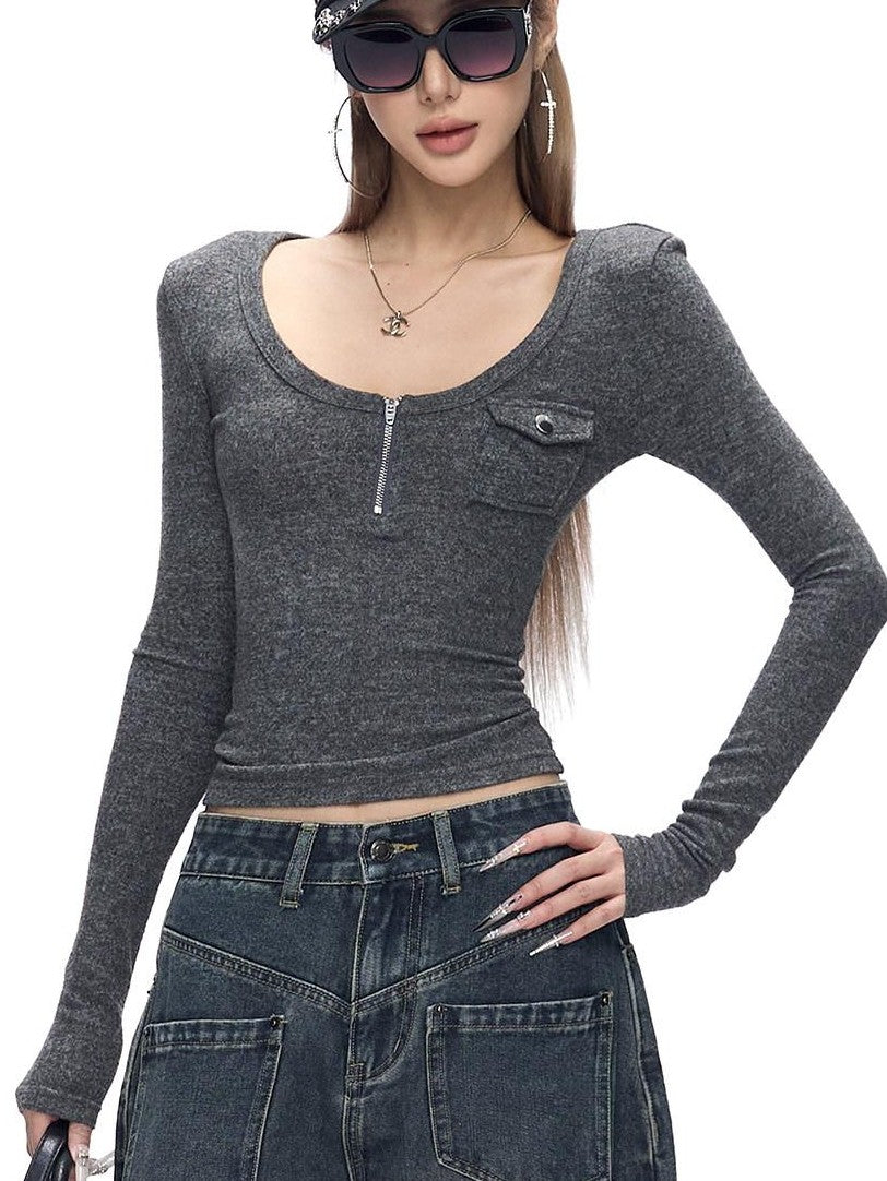 Fanptntox Gray V-neck Knit Slim Waist Women's Polyester Long Sleeve T-shirts