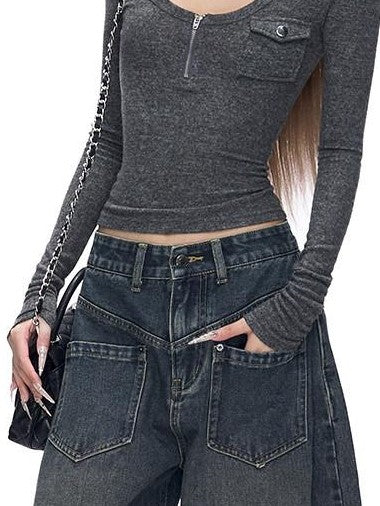 Fanptntox Gray V-neck Knit Slim Waist Women's Polyester Long Sleeve T-shirts