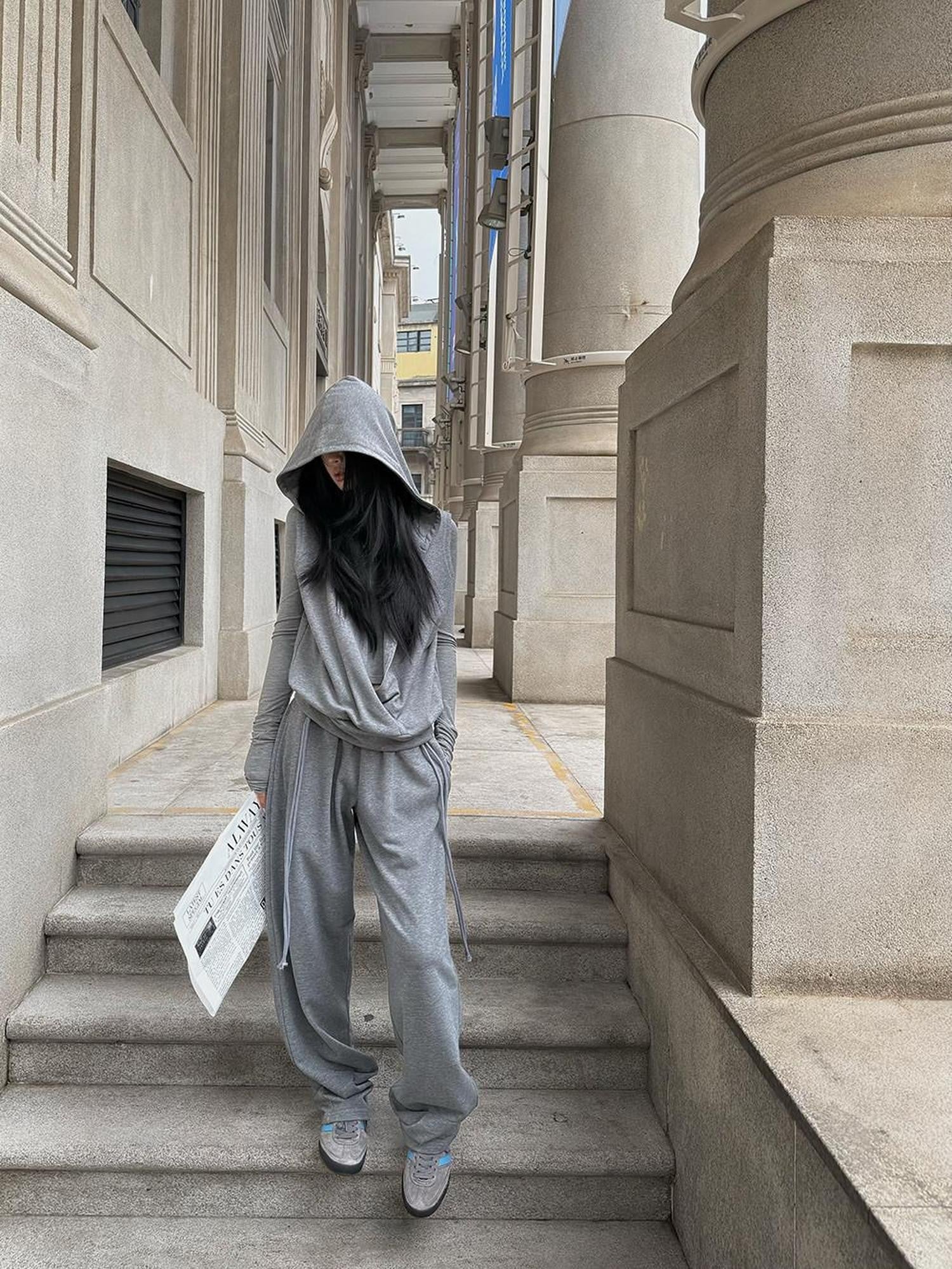 Fanptntox Gray Wide Leg Low Rise Loose Street Style Women's Other Fabric Sweatpants