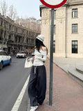 Fanptntox Grey Double Waist Low Rise Drawstring Loose Women's Other Fabric Wide-leg Pants