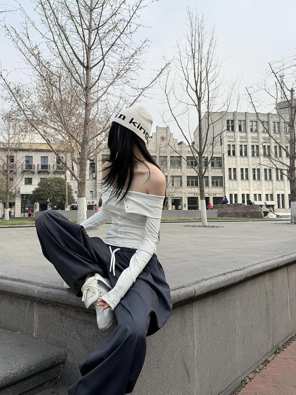 Fanptntox Grey Double Waist Low Rise Drawstring Loose Women's Other Fabric Wide-leg Pants