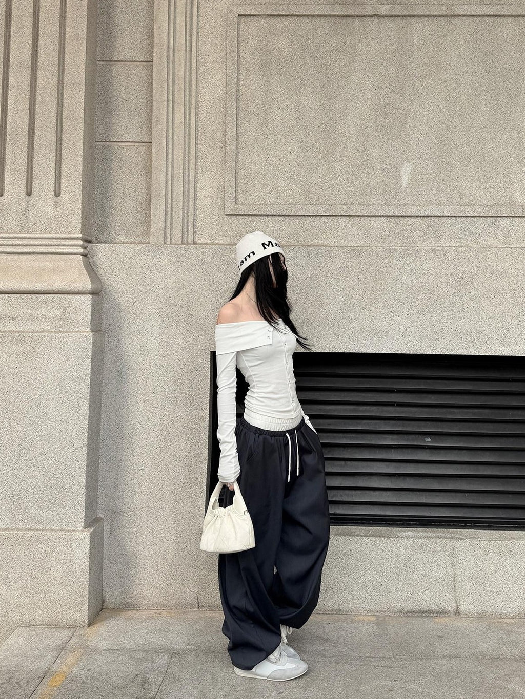 Fanptntox Grey Double Waist Low Rise Drawstring Loose Women's Other Fabric Wide-leg Pants