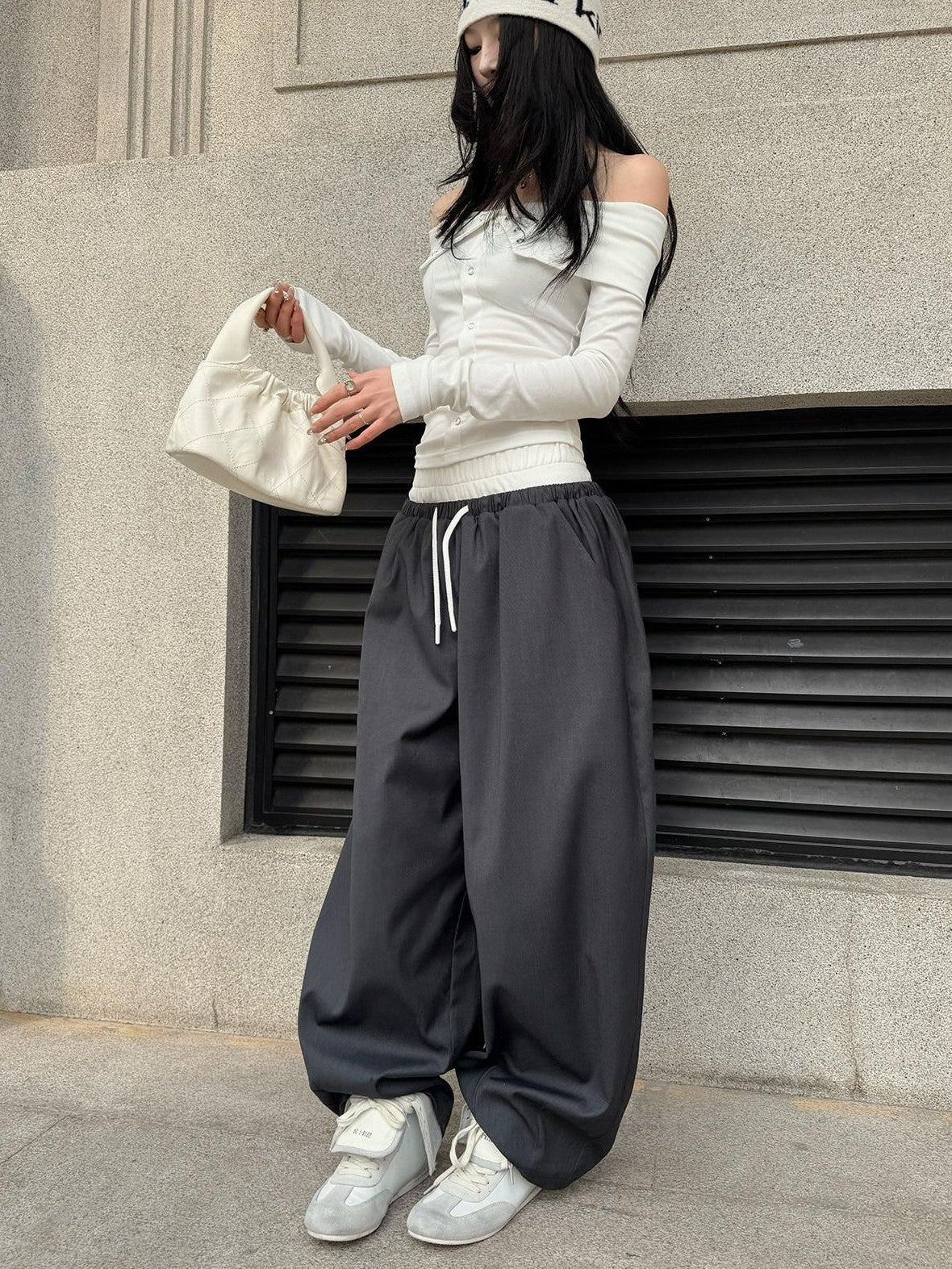 Fanptntox Grey Double Waist Low Rise Drawstring Loose Women's Other Fabric Wide-leg Pants