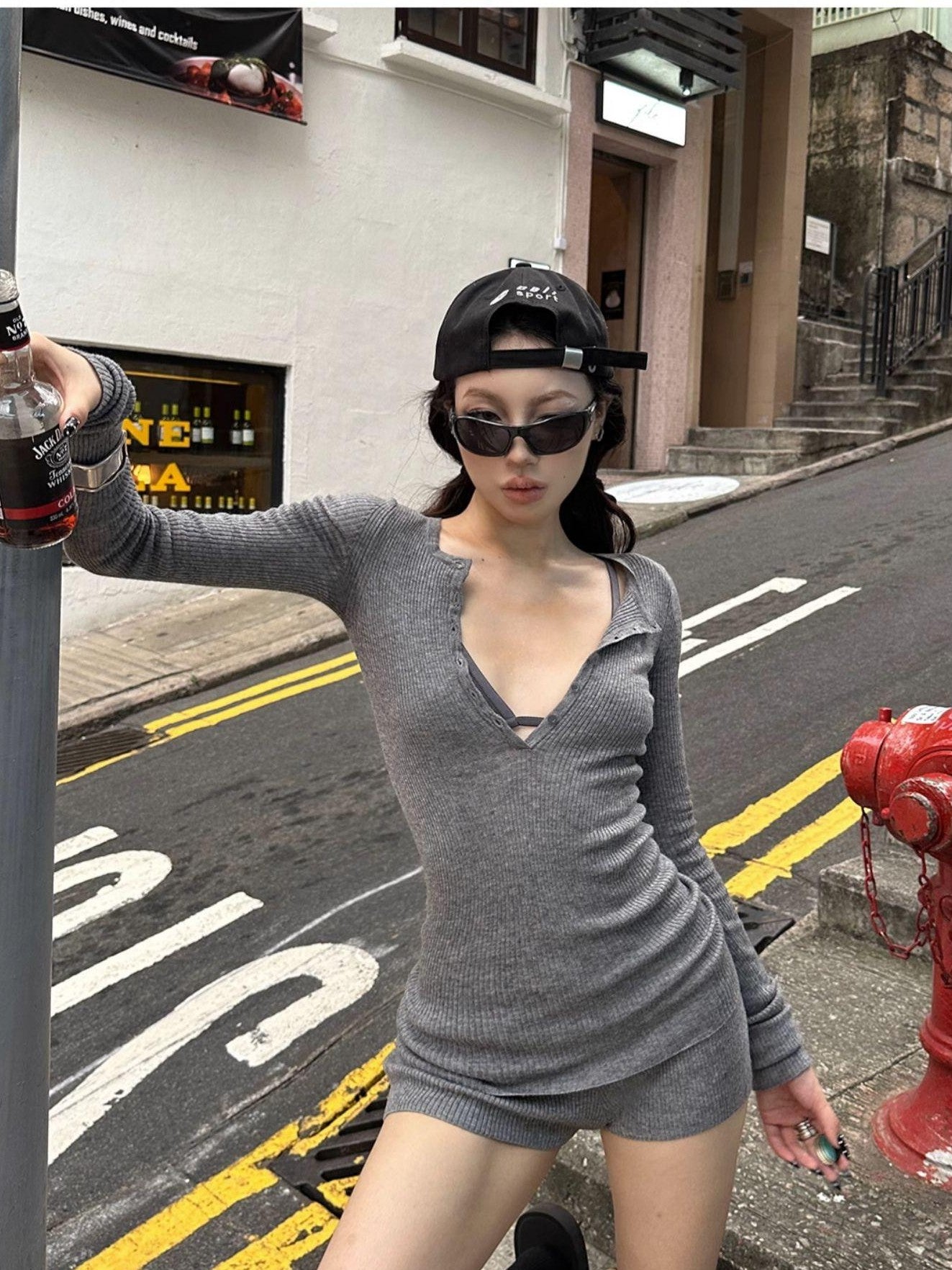 Fanptntox Heather Gray Sexy Playful Slimming Women's Knit Casual Top & Shorts Sets