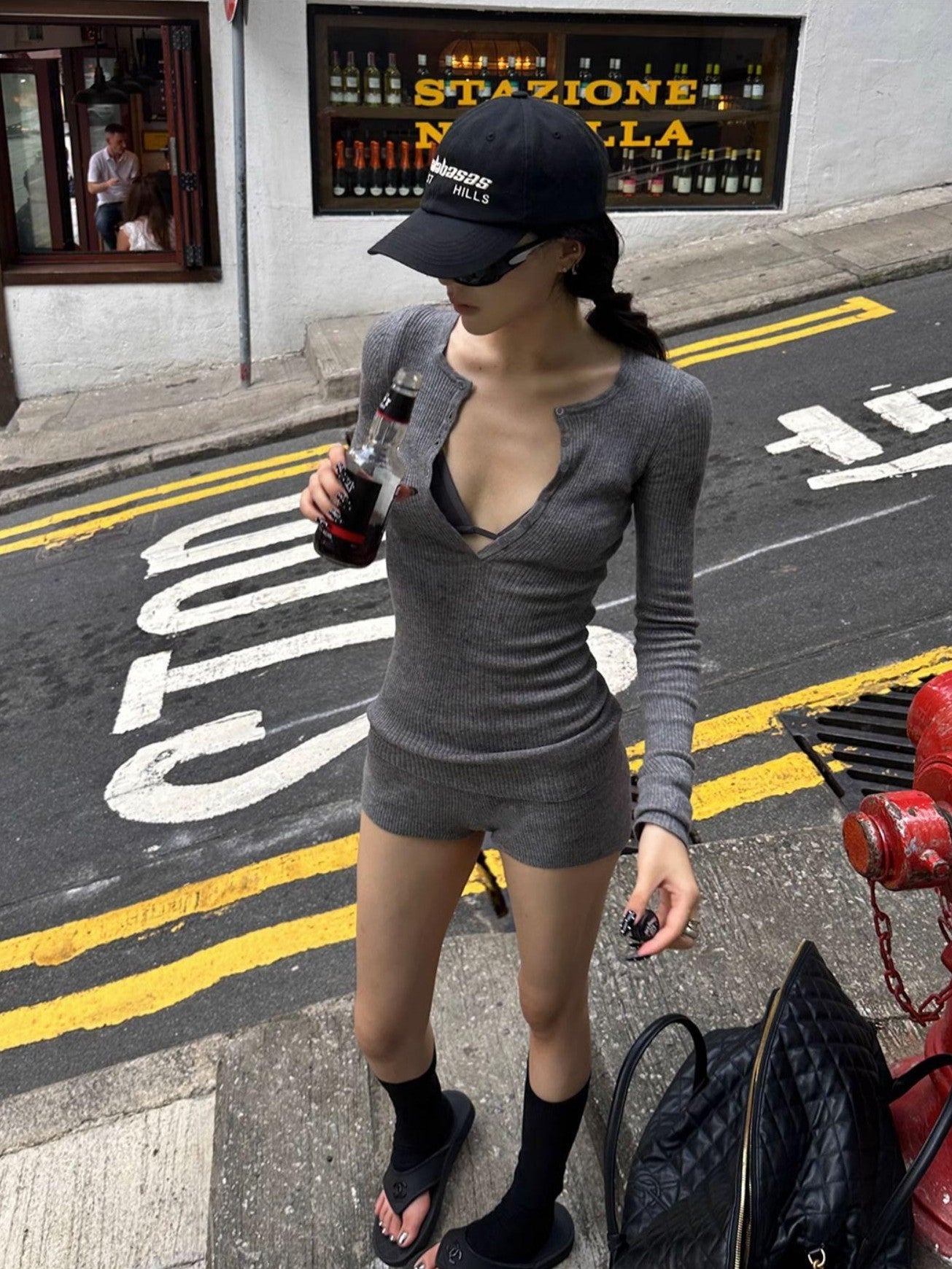 Fanptntox Heather Gray Sexy Playful Slimming Women's Knit Casual Top & Shorts Sets