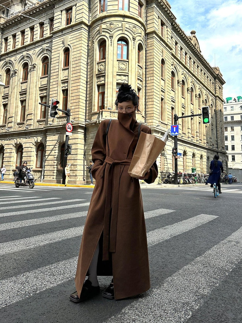 Fanptntox High Collar Belted Straight Slim Solid Women's Woolen Long Coats