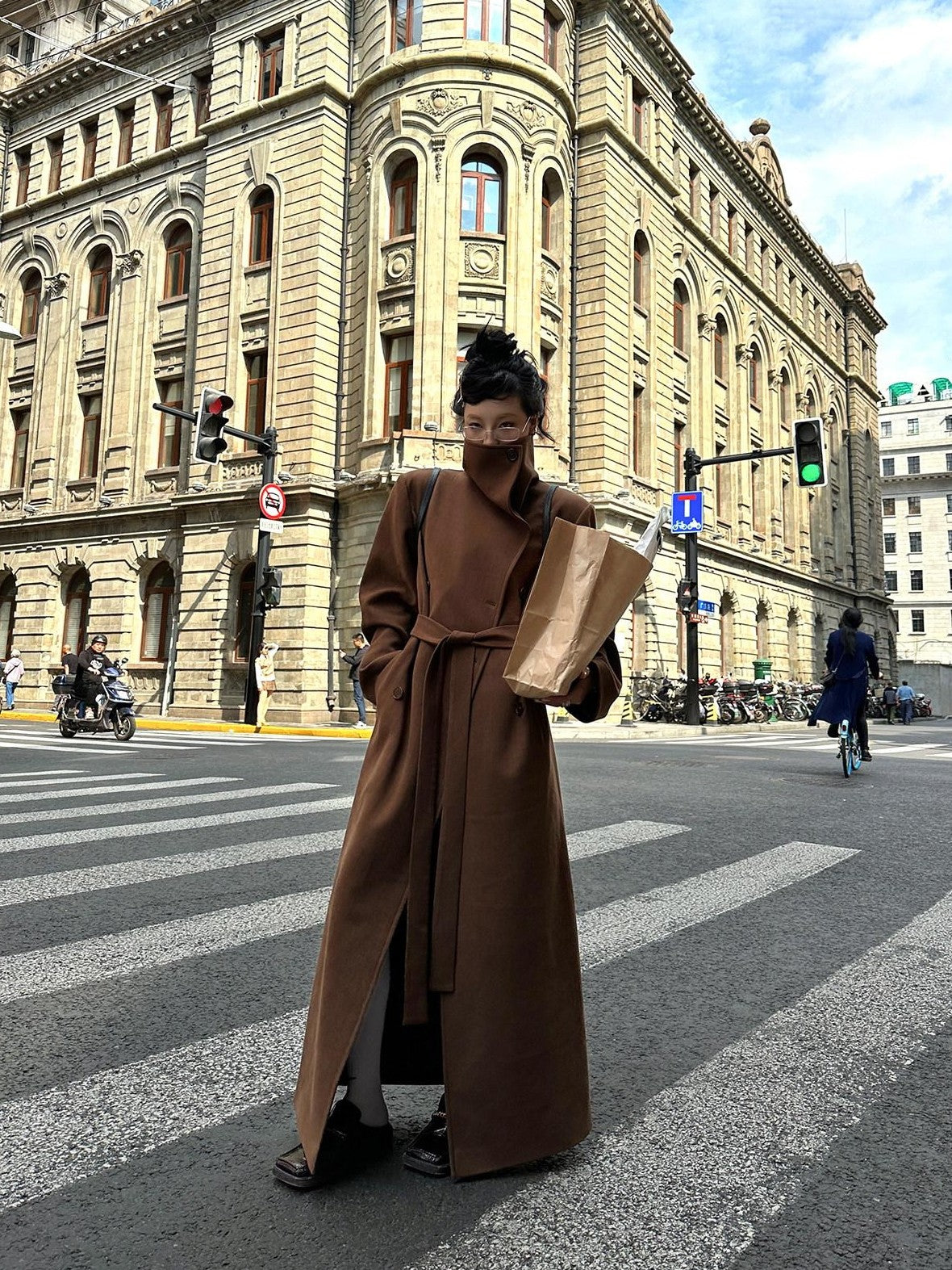 Fanptntox High Collar Belted Straight Slim Solid Women's Woolen Long Coats