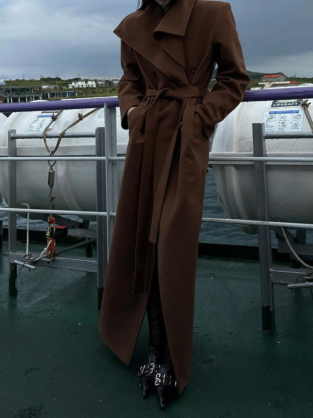 Fanptntox High Collar Belted Straight Slim Solid Women's Woolen Long Coats