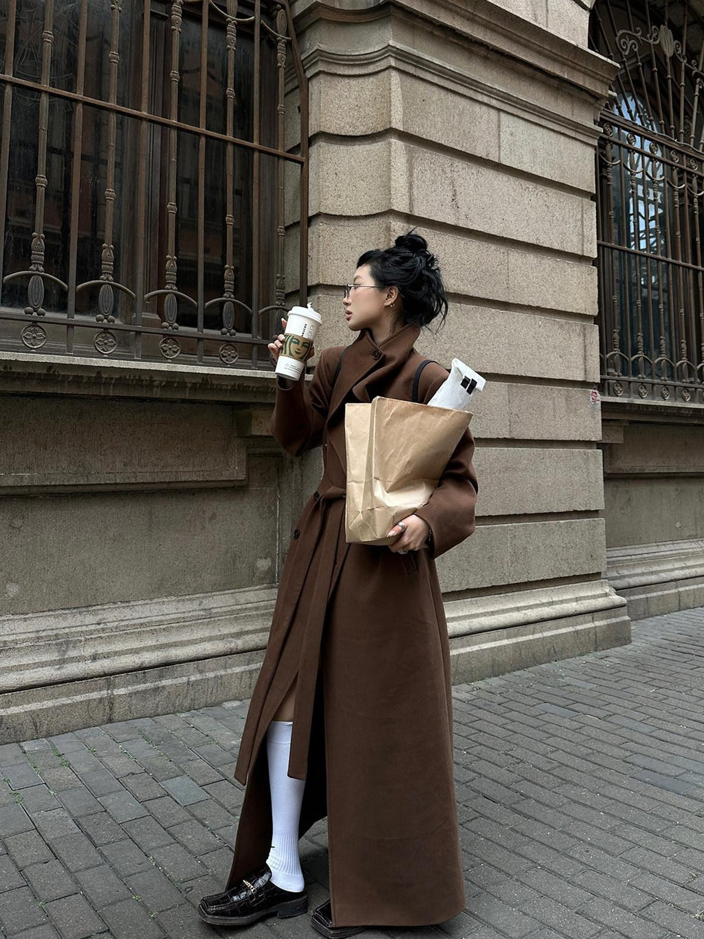 Fanptntox High Collar Belted Straight Slim Solid Women's Woolen Long Coats