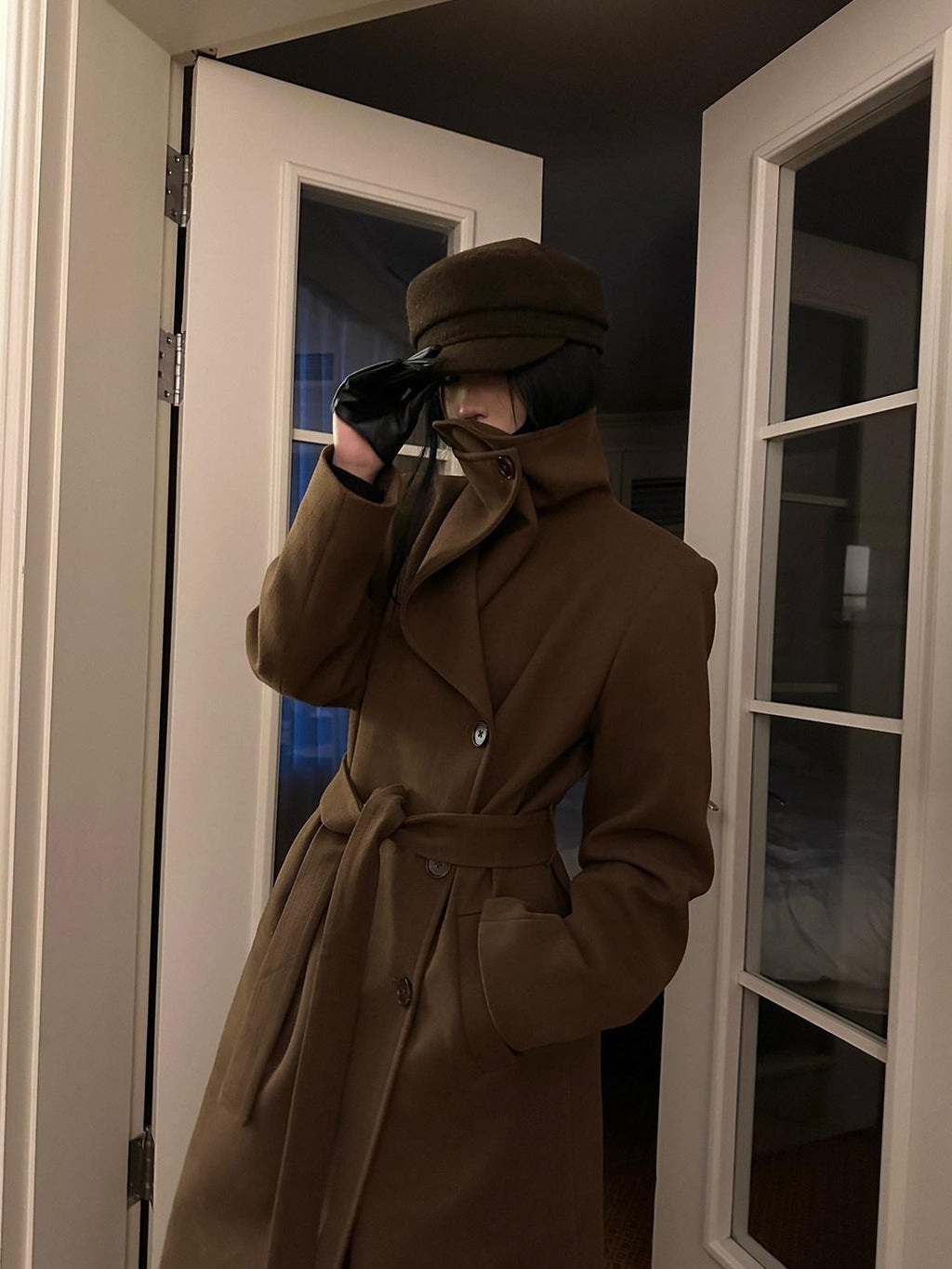 Fanptntox High Collar Belted Straight Slim Solid Women's Woolen Long Coats