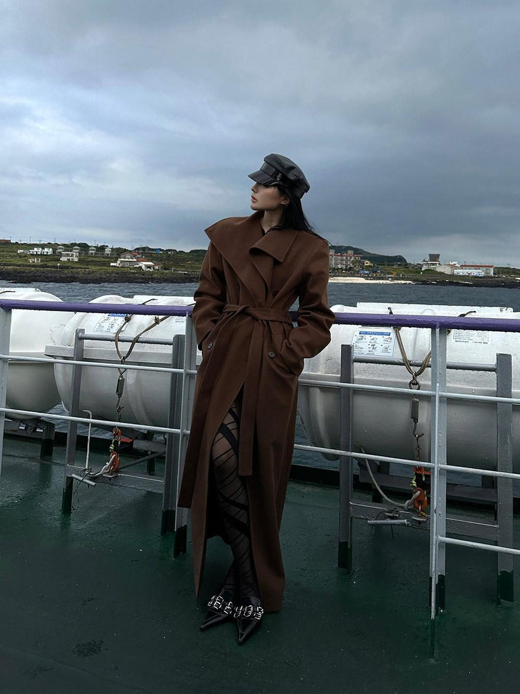 Fanptntox High Collar Belted Straight Slim Solid Women's Woolen Long Coats