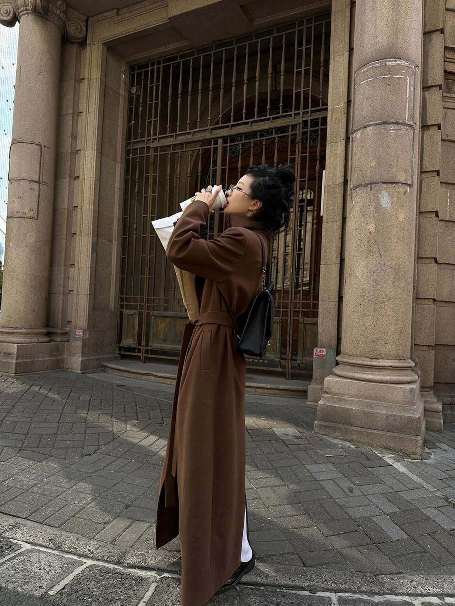 Fanptntox High Collar Belted Straight Slim Solid Women's Woolen Long Coats