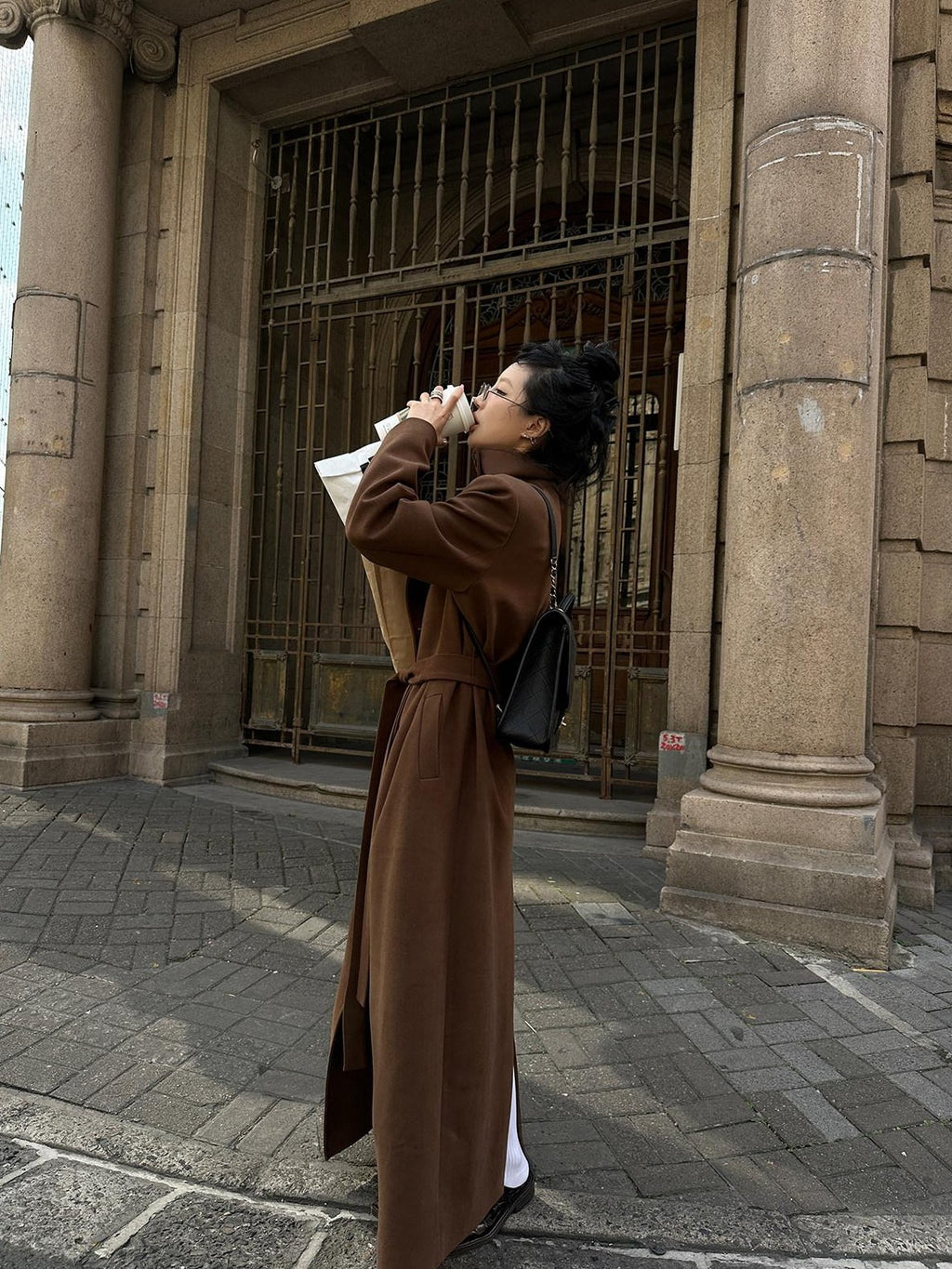 Fanptntox High Collar Belted Straight Slim Solid Women's Woolen Long Coats