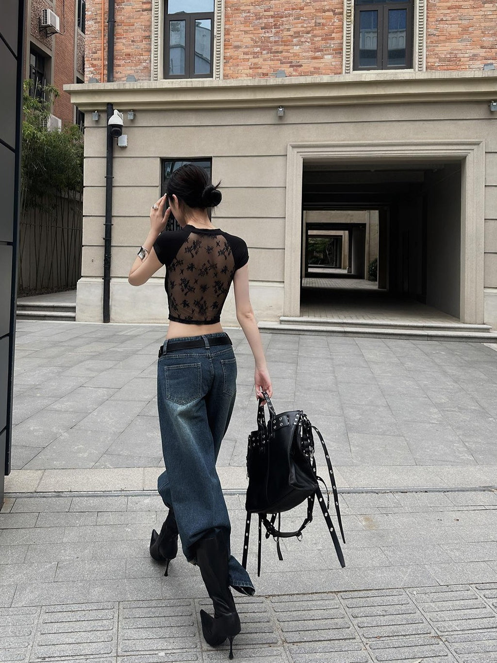 Fanptntox High Waist Side Slit Women's Wide-leg Jeans