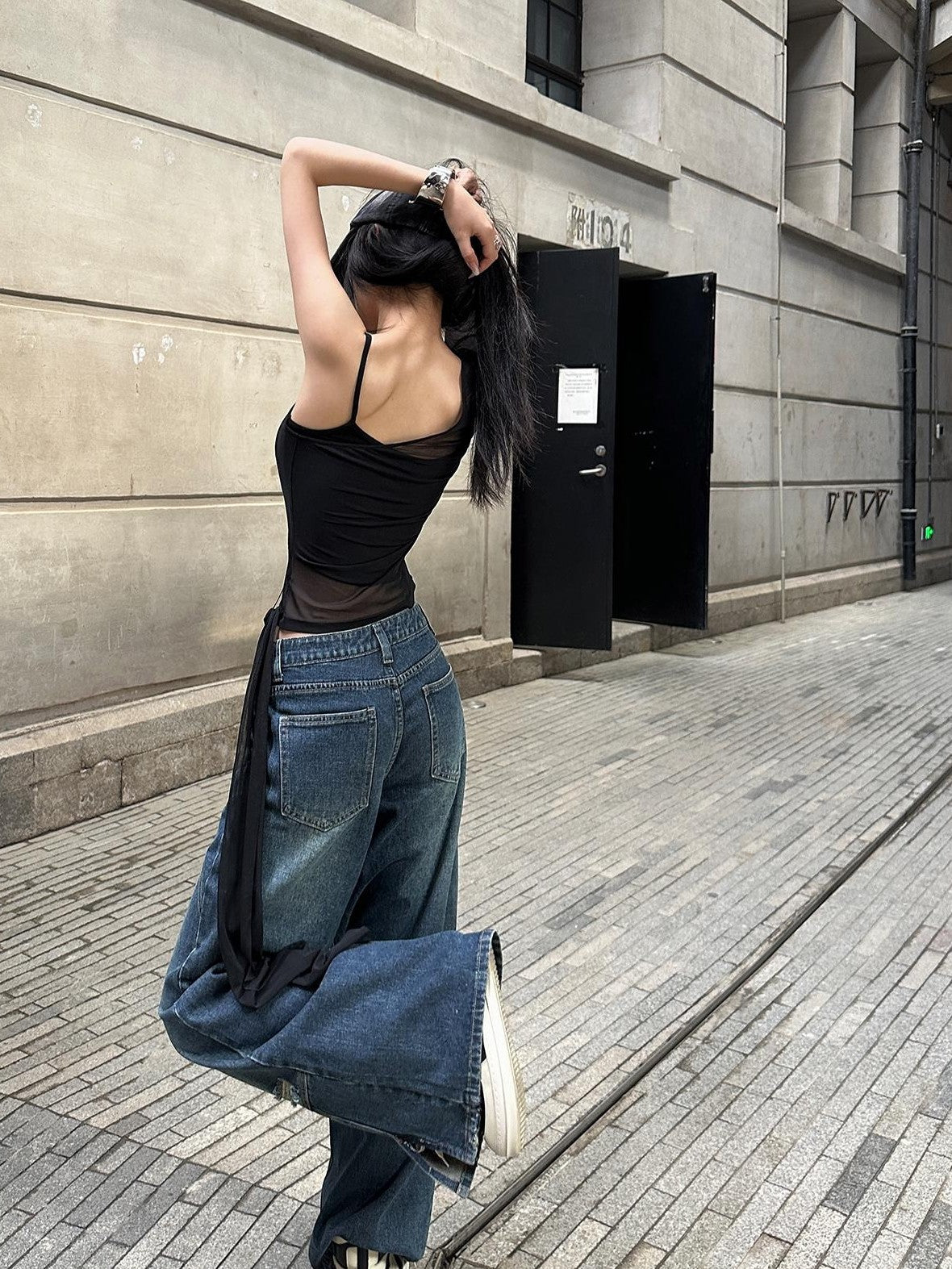 Fanptntox High Waist Side Slit Women's Wide-leg Jeans