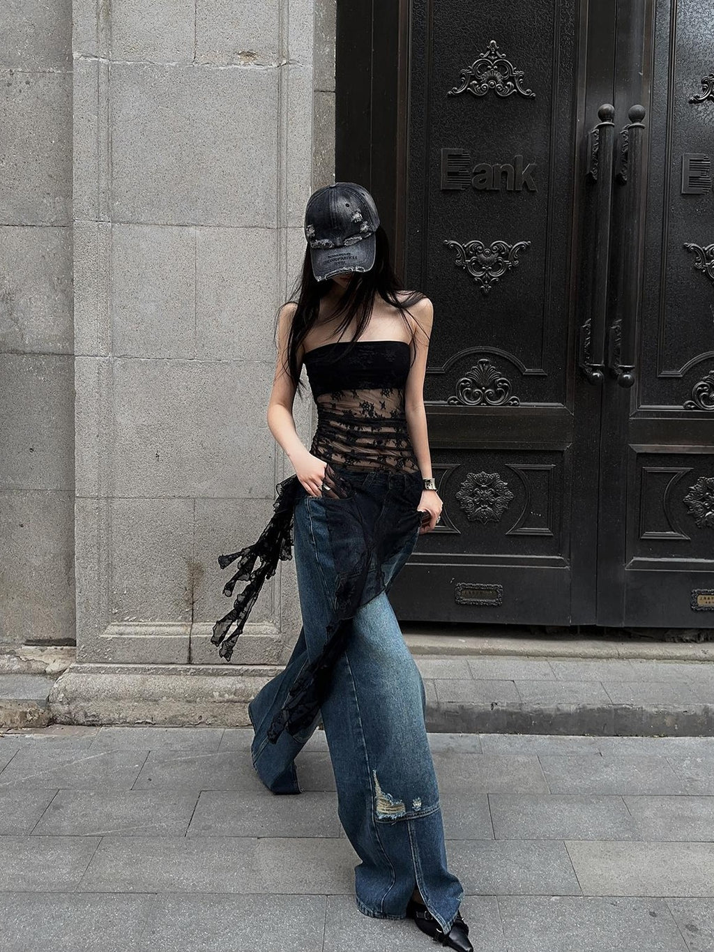 Fanptntox High Waist Side Slit Women's Wide-leg Jeans