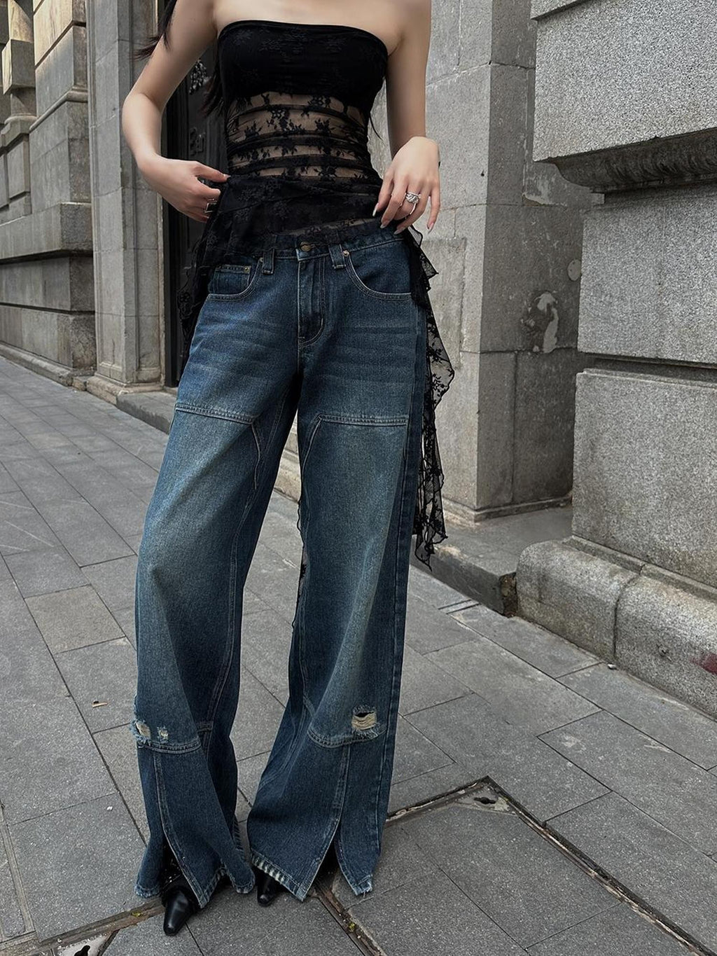 Fanptntox High Waist Side Slit Women's Wide-leg Jeans