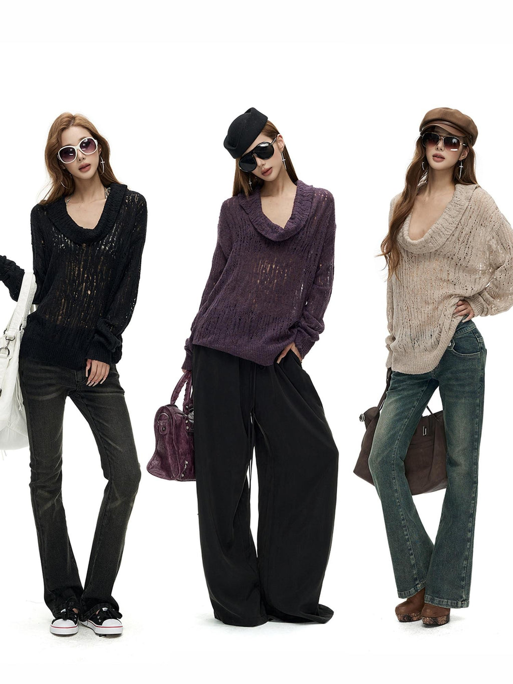 Fanptntox Hollow Out Solid Color Loose Fit Cowl Neck Long Sleeve Knit Women's Sweaters