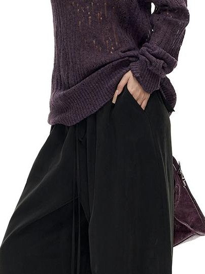 Fanptntox Hollow Out Solid Color Loose Fit Cowl Neck Long Sleeve Knit Women's Sweaters