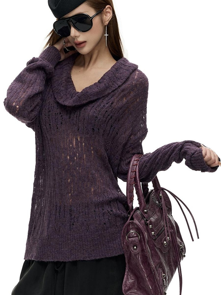 Fanptntox Hollow Out Solid Color Loose Fit Cowl Neck Long Sleeve Knit Women's Sweaters