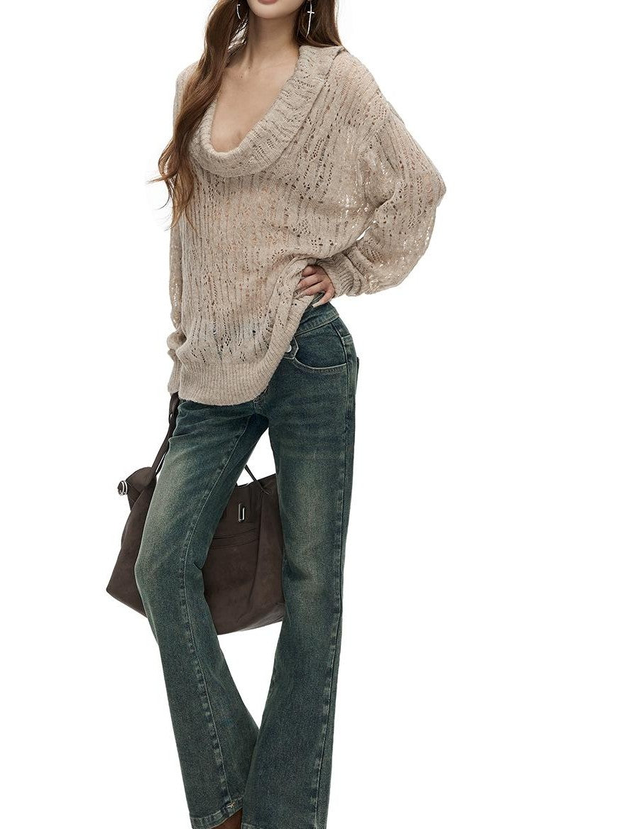 Fanptntox Hollow Out Solid Color Loose Fit Cowl Neck Long Sleeve Knit Women's Sweaters