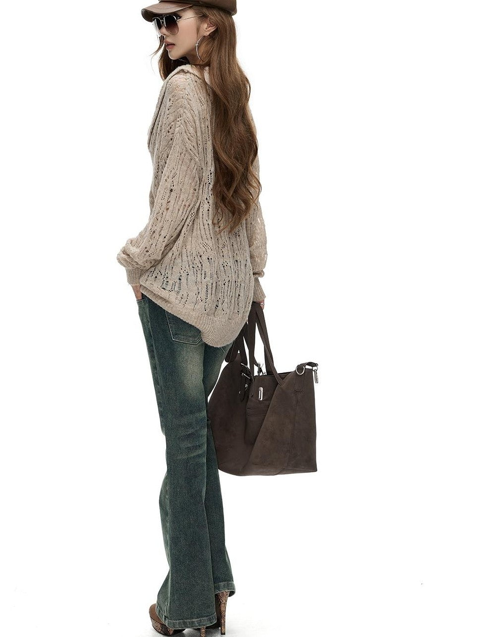 Fanptntox Hollow Out Solid Color Loose Fit Cowl Neck Long Sleeve Knit Women's Sweaters