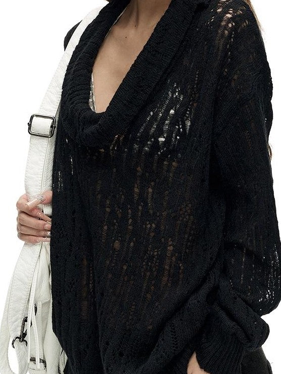 Fanptntox Hollow Out Solid Color Loose Fit Cowl Neck Long Sleeve Knit Women's Sweaters
