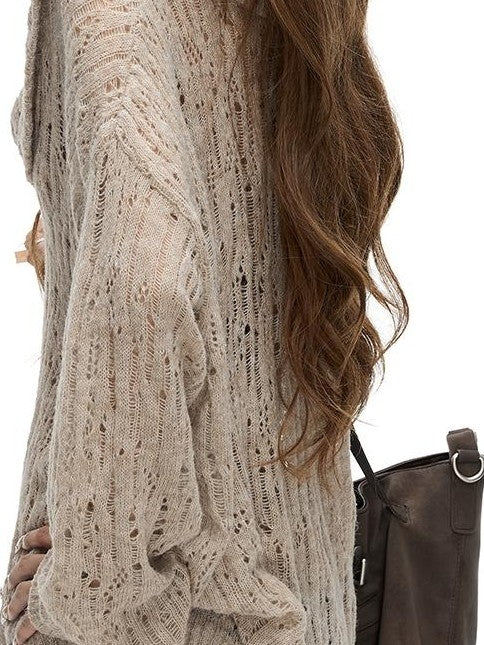 Fanptntox Hollow Out Solid Color Loose Fit Cowl Neck Long Sleeve Knit Women's Sweaters