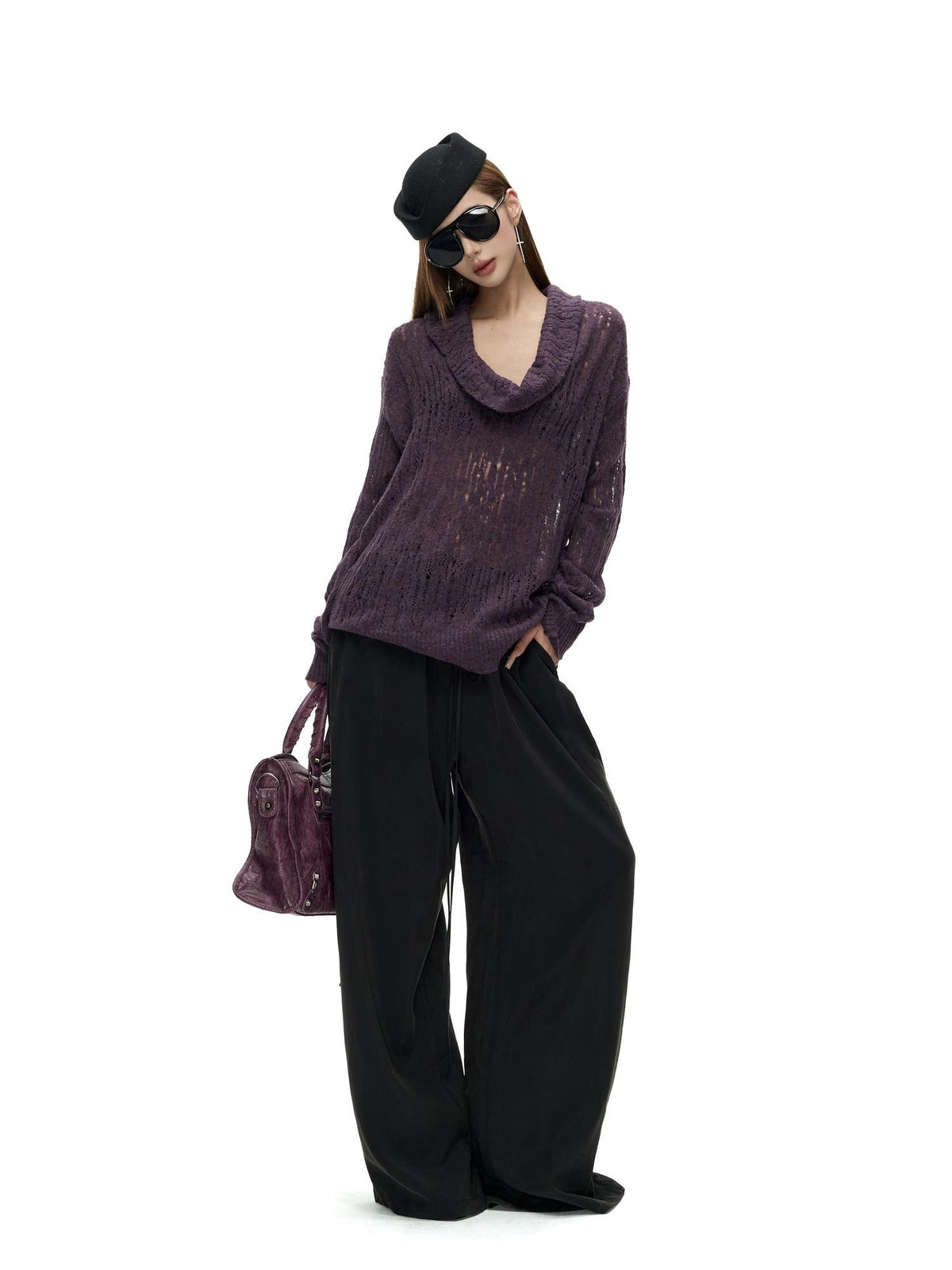 Fanptntox Hollow Out Solid Color Loose Fit Cowl Neck Long Sleeve Knit Women's Sweaters