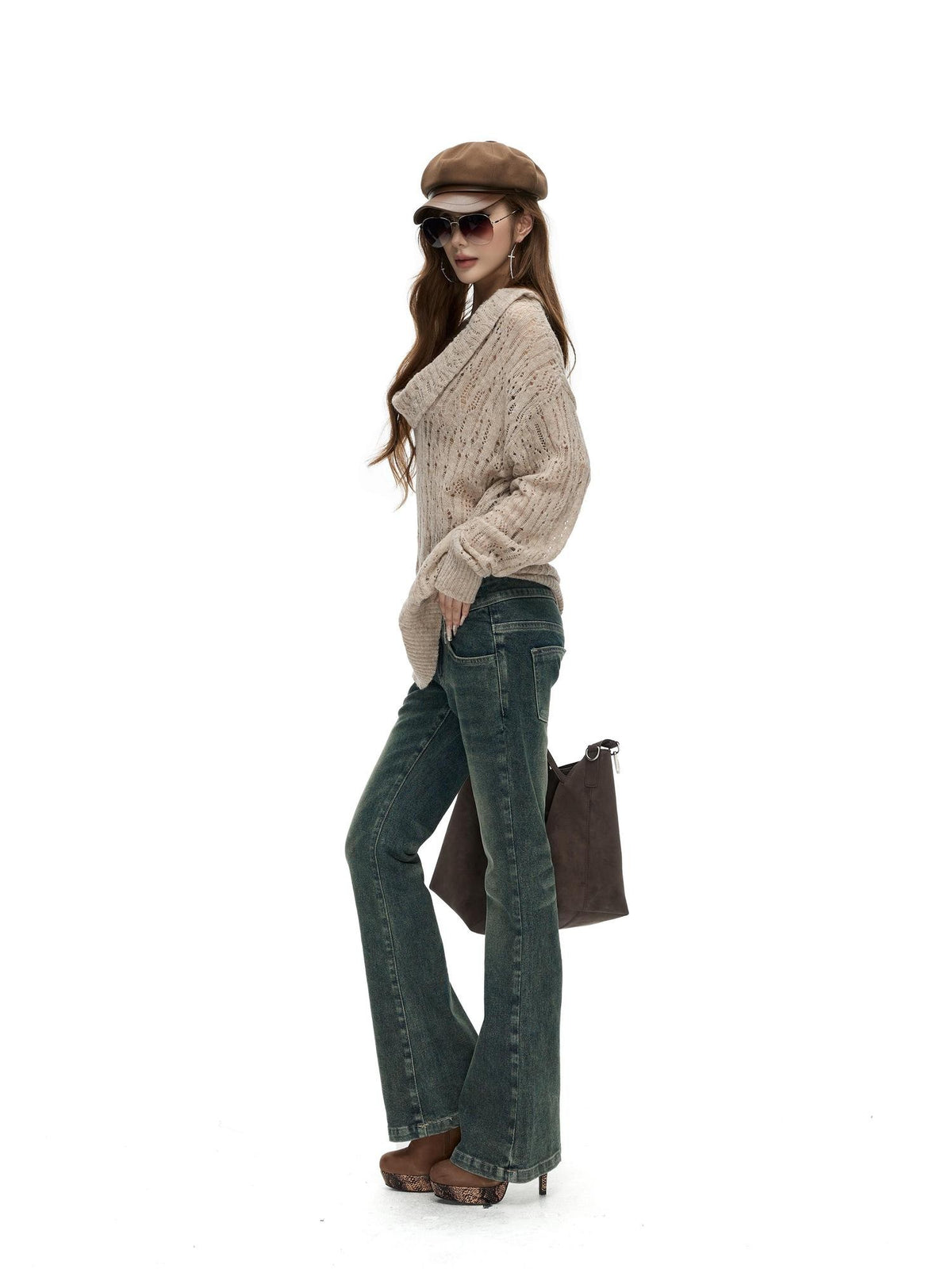Fanptntox Hollow Out Solid Color Loose Fit Cowl Neck Long Sleeve Knit Women's Sweaters