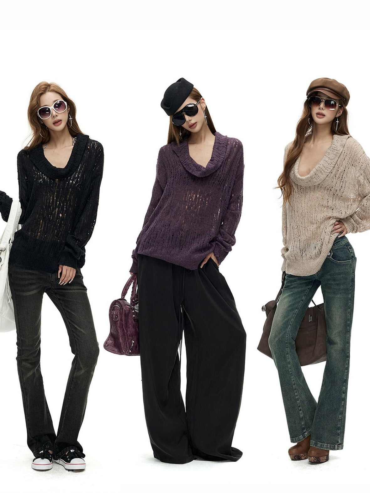 Fanptntox Hollow Out Solid Color Loose Fit Cowl Neck Long Sleeve Knit Women's Sweaters