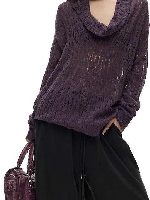Fanptntox Hollow Out Solid Color Loose Fit Cowl Neck Long Sleeve Knit Women's Sweaters
