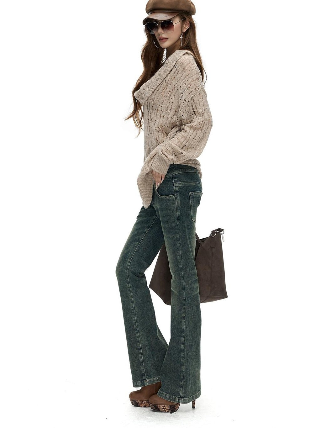 Fanptntox Hollow Out Solid Color Loose Fit Cowl Neck Long Sleeve Knit Women's Sweaters