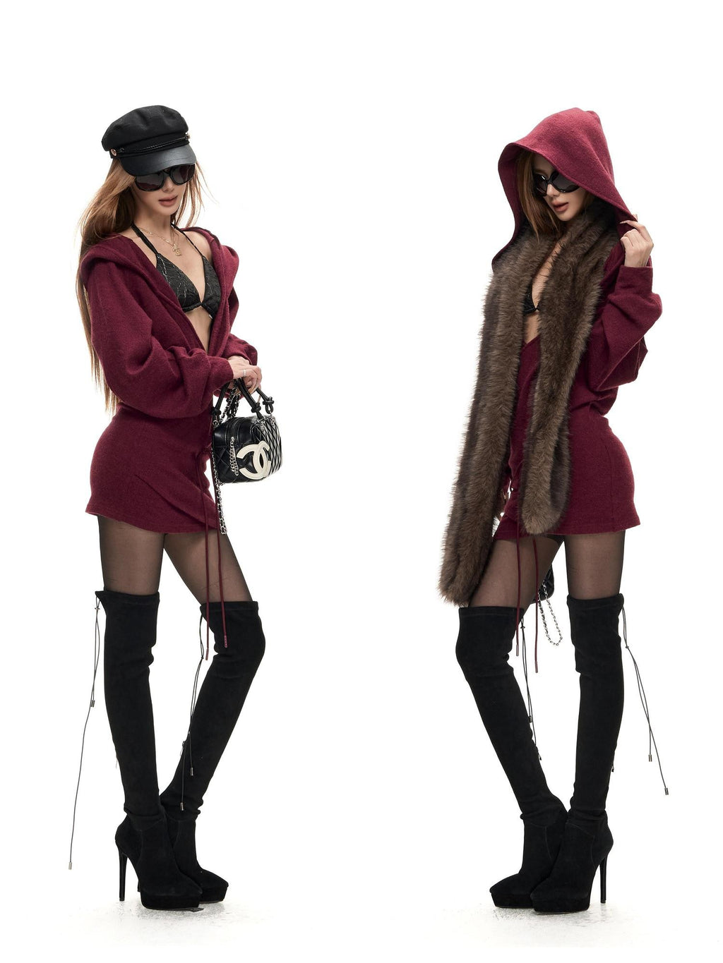 Fanptntox Hooded Drawstring Lace Up Longline Knit Women's Cardigans