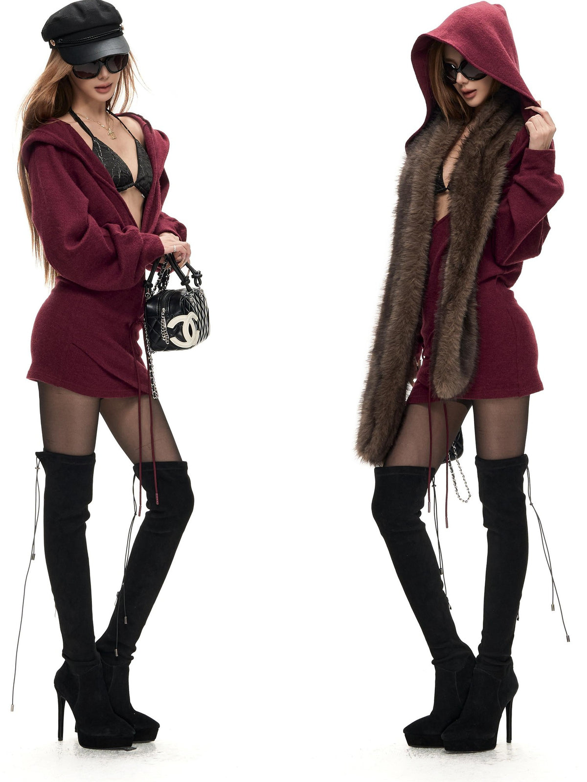 Fanptntox Hooded Drawstring Lace Up Longline Knit Women's Cardigans
