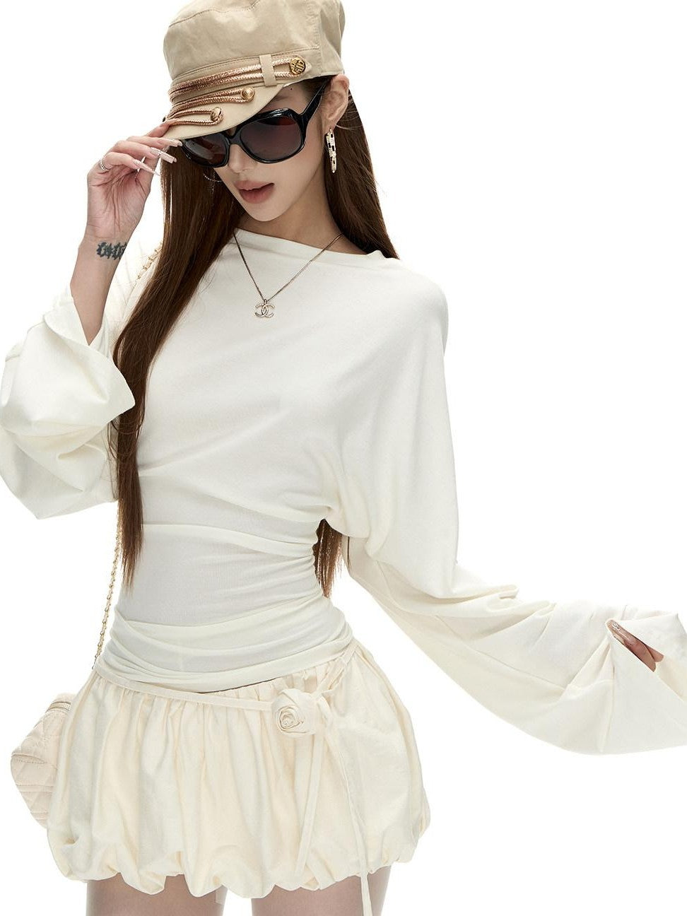Fanptntox Ivory Reversible Waist Tie Handmade Flower Viscose Women's Matching Skirt Sets