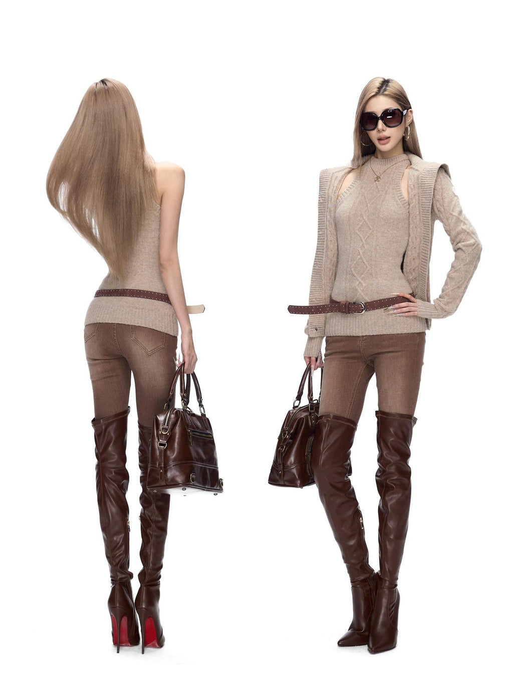 Fanptntox Khaki 3d Cable Knit Slim Fit High Neck Women's Polyester Stretch Sweater Vests