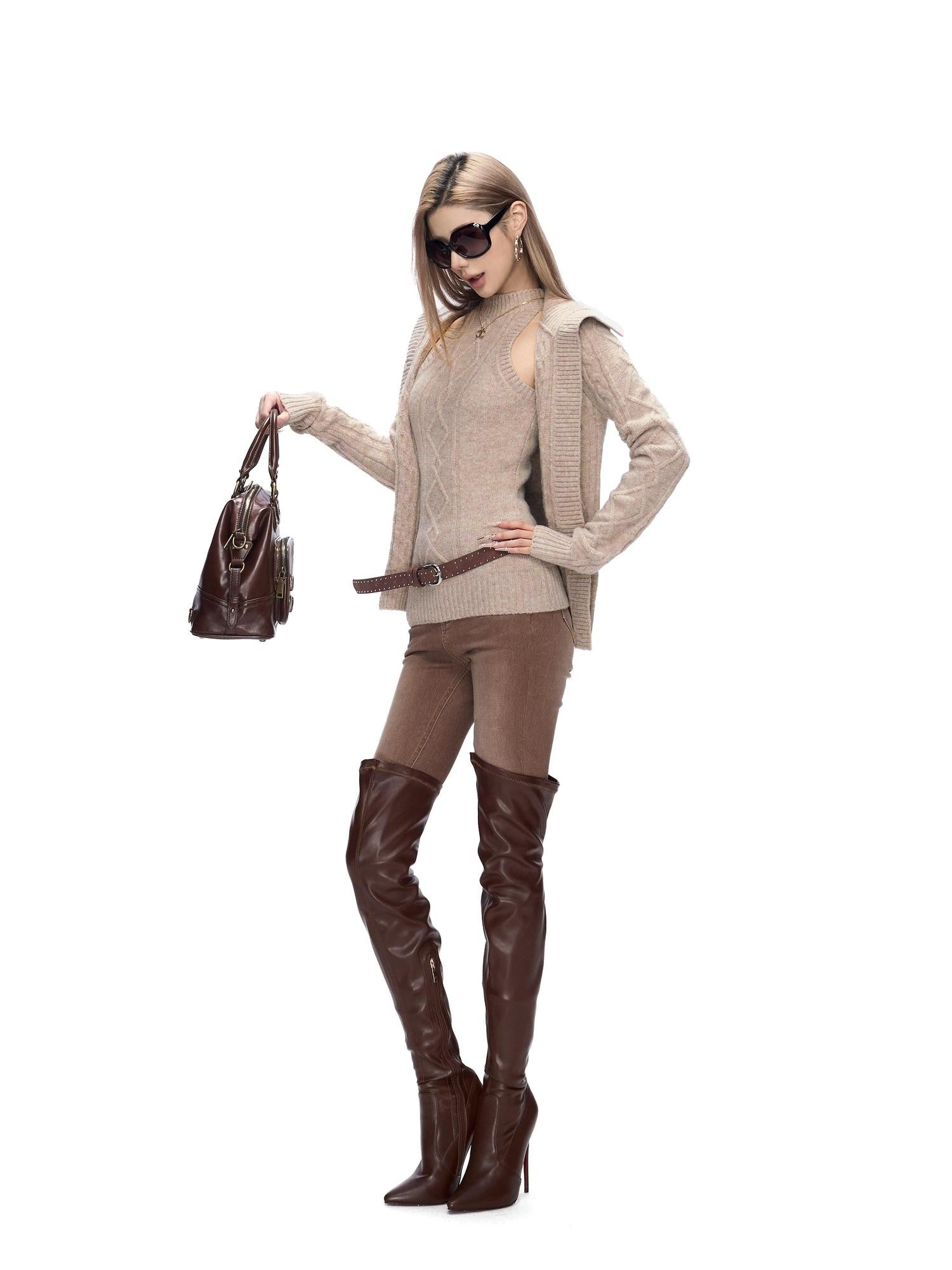 Fanptntox Khaki 3d Cable Knit Slim Fit High Neck Women's Polyester Stretch Sweater Vests