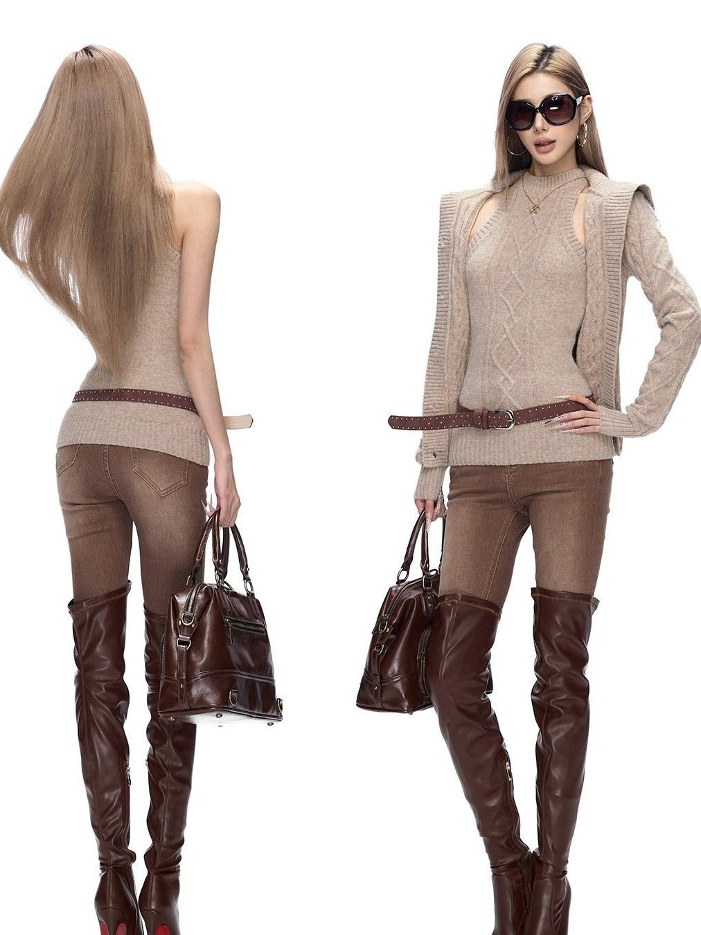 Fanptntox Khaki 3d Cable Knit Slim Fit High Neck Women's Polyester Stretch Sweater Vests