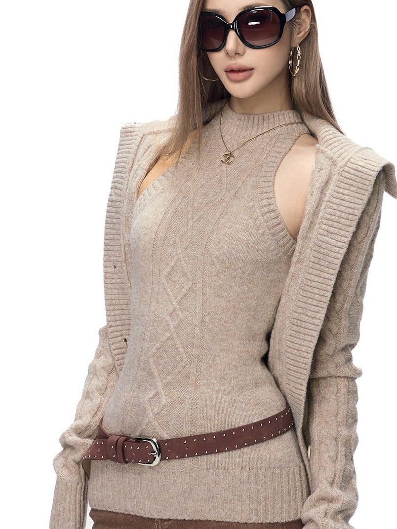 Fanptntox Khaki 3d Cable Knit Slim Fit High Neck Women's Polyester Stretch Sweater Vests