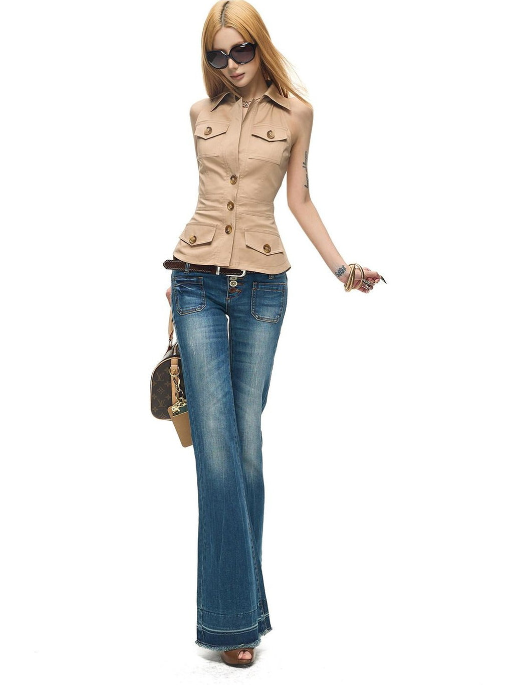 Fanptntox Khaki Flap Pocket V-neck Button Sleeveless Women's Casual Top & Shorts Sets